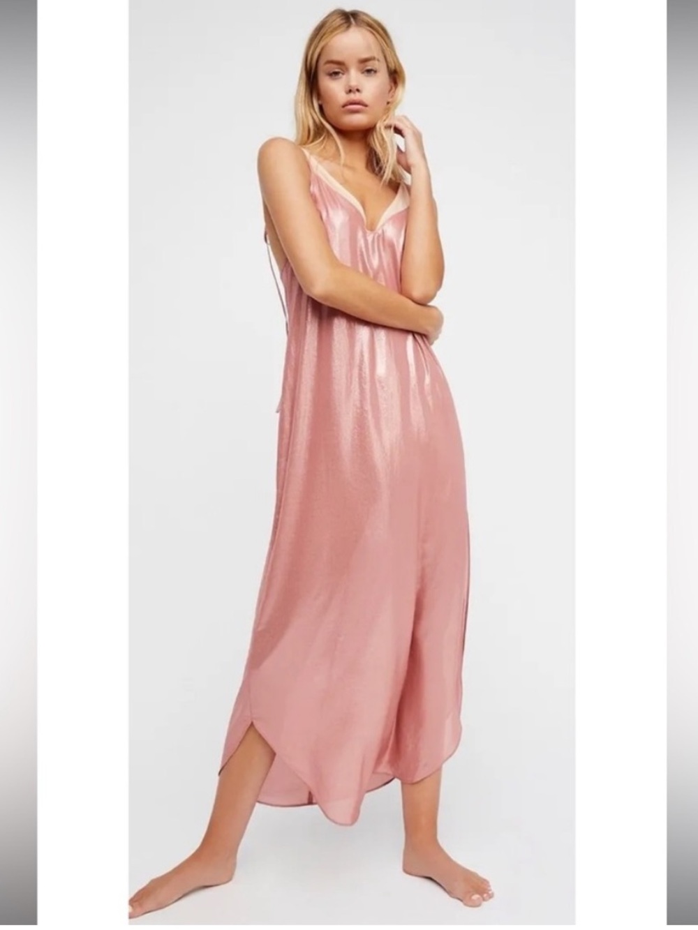 Free People Anytime Shine Rose Gold Sleep Maxi Dress Slip Medium